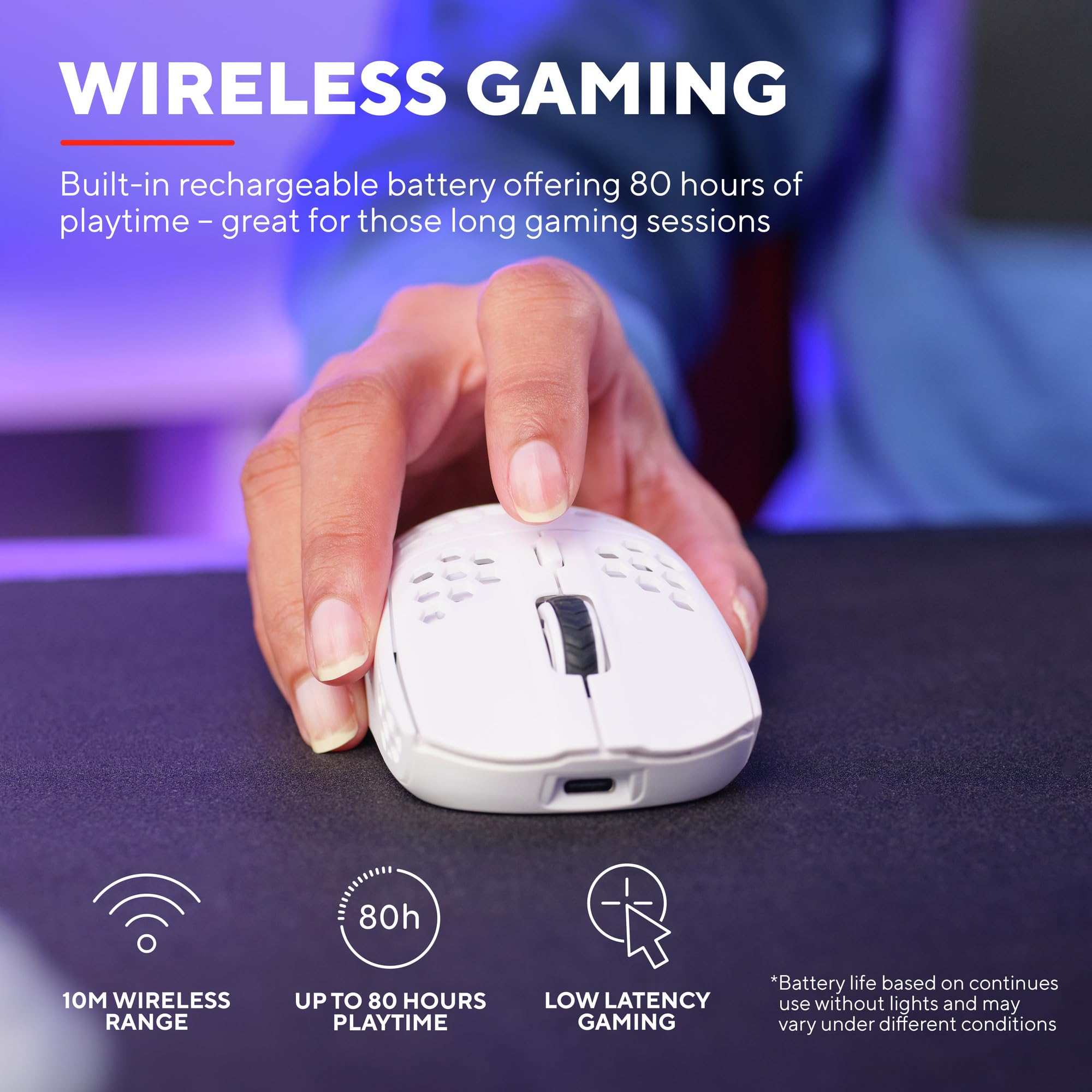 Trust Gaming GXT 928 Helox bezprzewodowa mysz gamingowa, ultralekka mysz 75 g, 80 h ciągłej pracy, odbiornik micro USB 2,4 GHz, regulacja DPI (800-4800), 6 programowalnych przycisków, komputer | Bateria 80h, Mikroodbiornik USB 2,4 GHz, 800-4800 DPI, Mouse