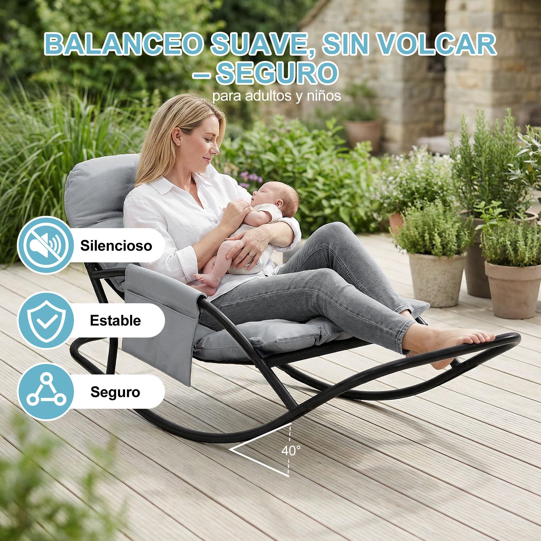 Sillón Mecedor Exterior, Silla Mecedora Papasan con Cojín y Estructura de Metal, Soporte para Pies, para Dormitorio, Salón, Terraza, Jardín, Balcón, Capacidad de Carga 120 kg, Tela técnica
