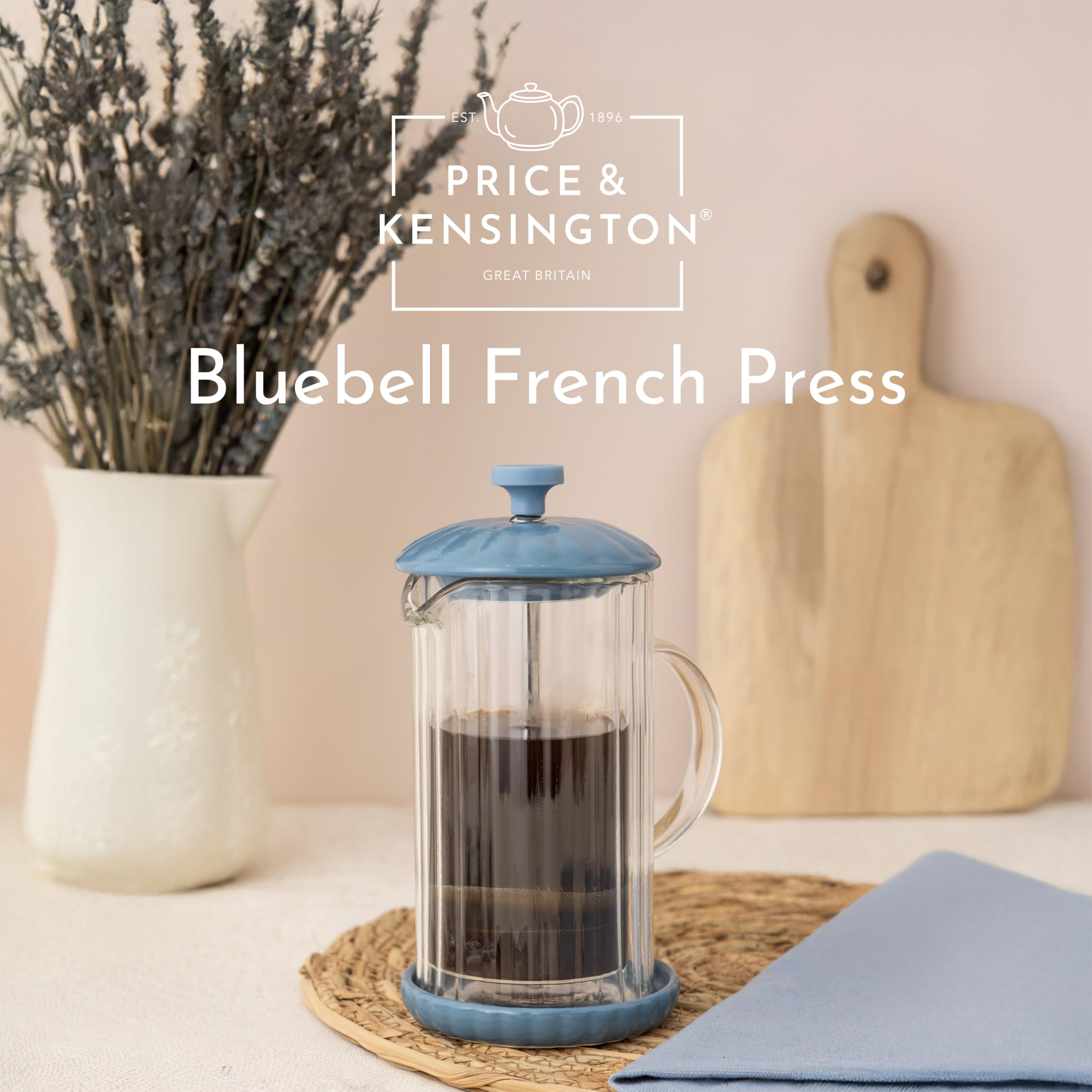 Price & Kensington Luxe French Press Bluebell Cafetiere 350 ml (do 1-1,5 małych filiżanek), ekspres do kawy z podwójną ścianką z filtrem tłokowym ze stali nierdzewnej, ceramiczna podstawka
