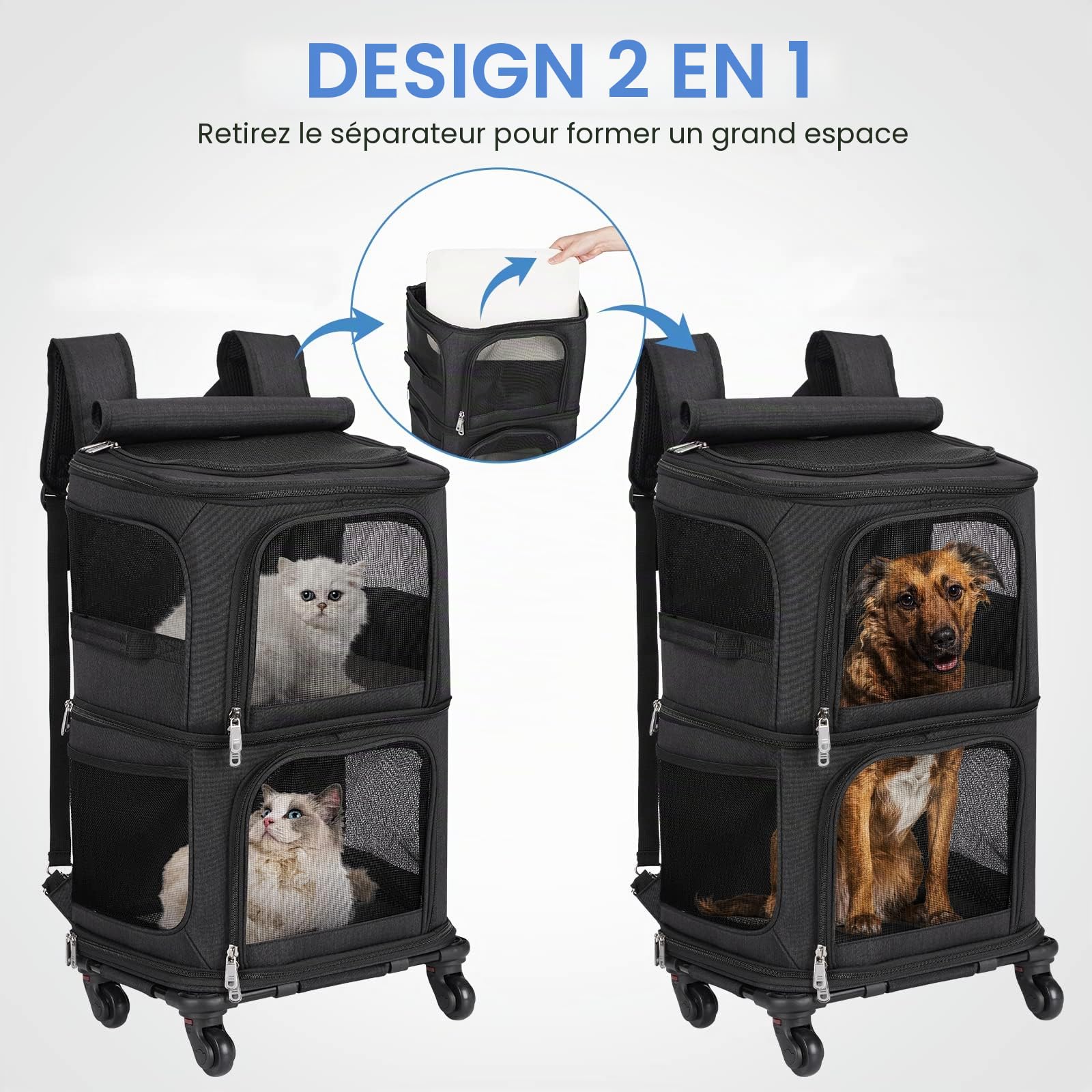 Sac de Transport pour 2 Chats avec roulettes jusqu'à 12kg, Noir | 2 compartiments jusqu'à 6kg chacun, Séparateur amovible, Chariot et roues détachables, Mode sac à dos, 2 laisses de sécurité