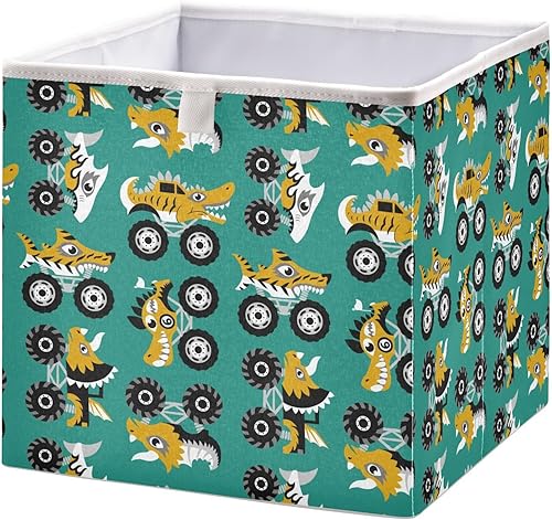 Cubo de almacenamiento de tela de camión monstruo de animales, cestas de almacenamiento grandes para estantes, cubos organizadores plegables para