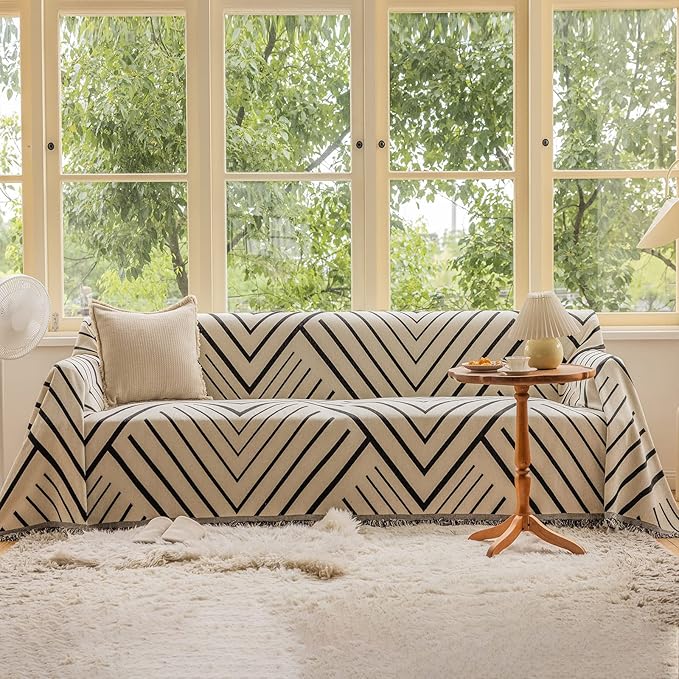 DREAMINGO Beige Sofa Covers for 3 Cushion Couch Black