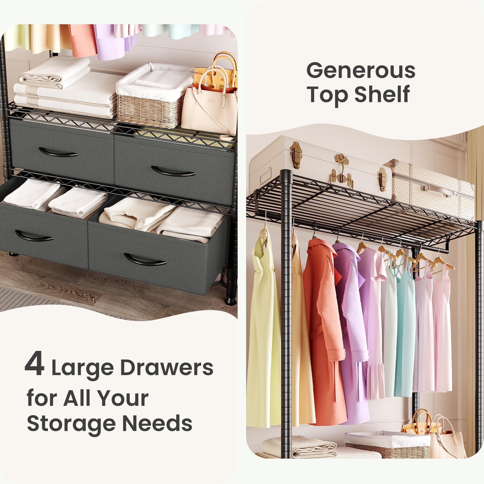Garvee Kleiderständer mit 4 Schubladen, Schwerlast Garderobenständer Metall, Offener Kleiderschrank mit Kleiderstange & Verstellbaren Ablagen, DIY Kleiderregal für Schlafzimmer & Flur, Schwarz