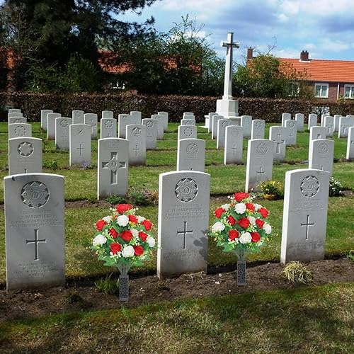 Miniatura 6 de Lodou 2 juegos de flores artificiales de cementerio, flores artificiales de cementerio con jarrón, flores conmemorativas, ramo de rosas