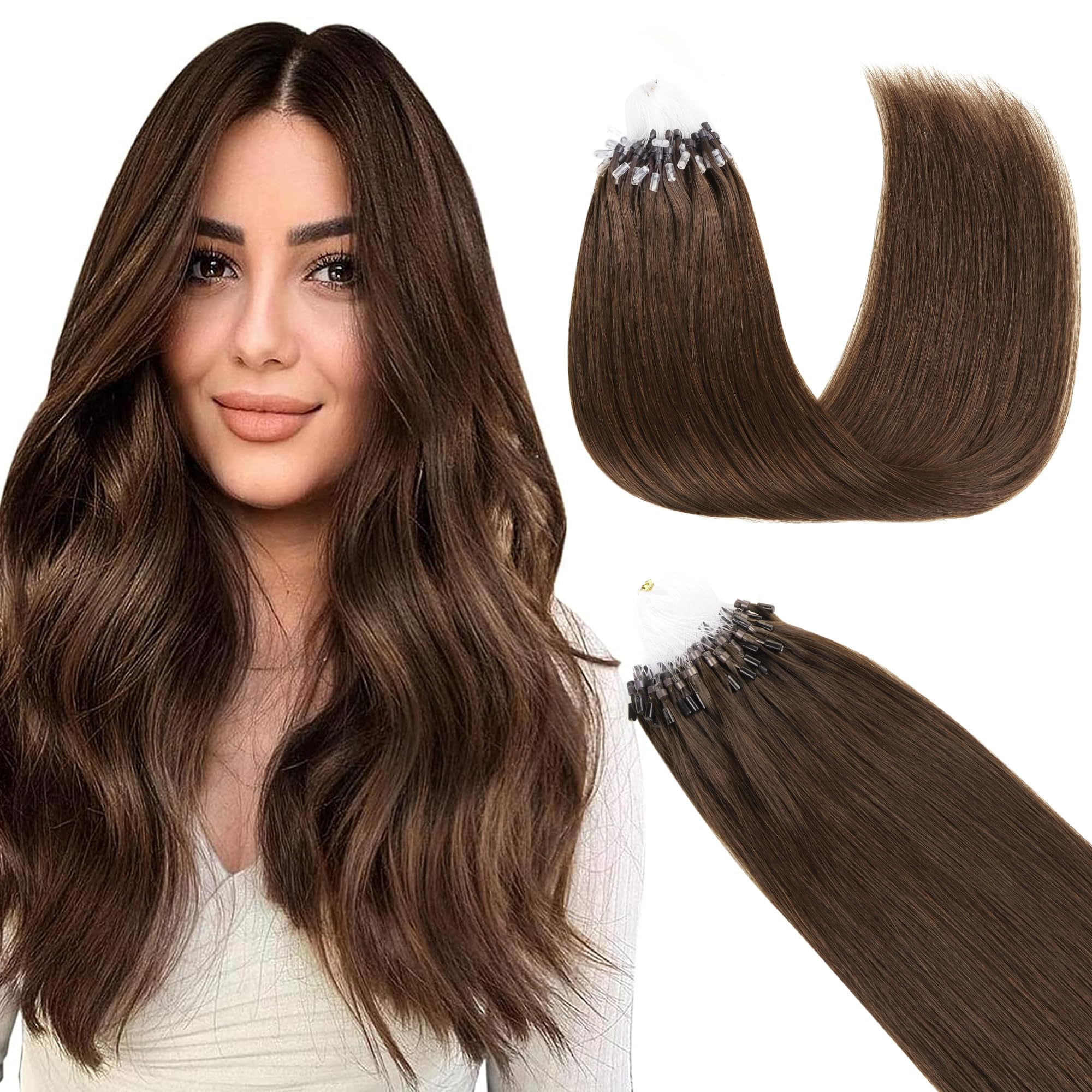 GOO GOO Micro Loop Hair Extensions Real Human Hair, Chocolate Brown 50g 16inch 50 Strands Cold Fusion Micro Bead Extensions