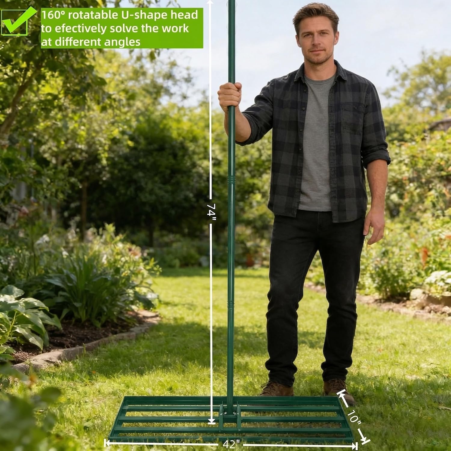 Lawn Leveling Rake, 42” x 10” Leveling Rake，Lawn Leveler w/ 75” Long Non-Slip Handle, Level Lawn Tool for Grass, Golf Field, Green Rake