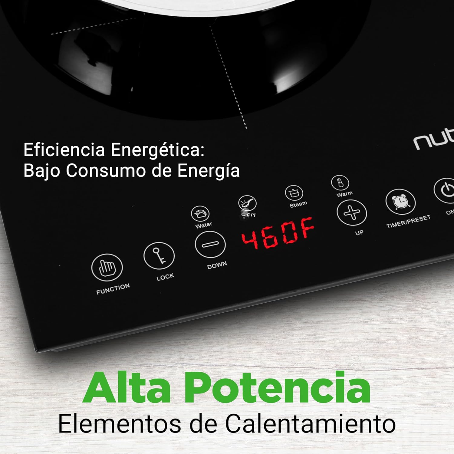 NutriChef Induction Cooktop control panel displaying temperature and highlighting energy efficiency.