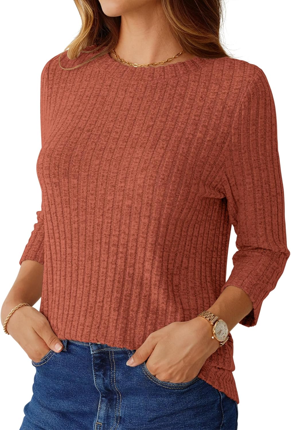 NORACORA Womens 3/4 Sleeve Sweater Tops Round Neck Tunic Blouses Dressy Pullover T Shirts for Business Casual Work - Image 2