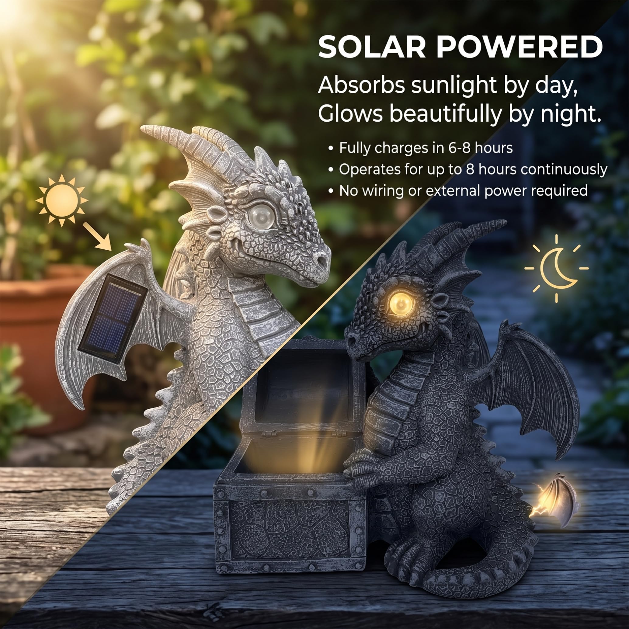 Statua del drago solare – Decorazione da giardino illuminata a energia solare, statuetta di guardia del tesoro in resina realizzata a mano, statue da giardino