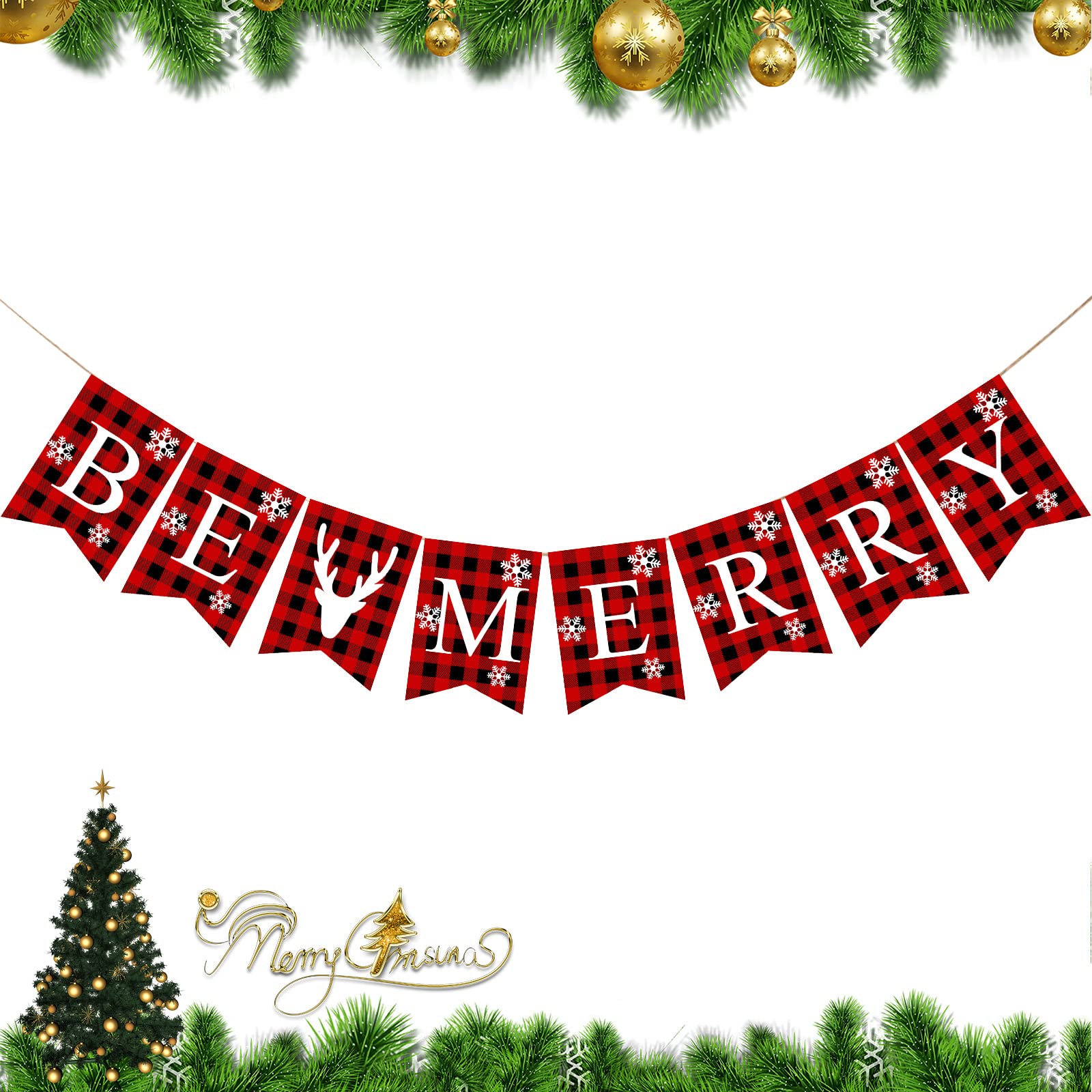 Plaid Be Merry Banner Burlap Christmas Rustic Bunting Banner for Christmas Hanging Decorations