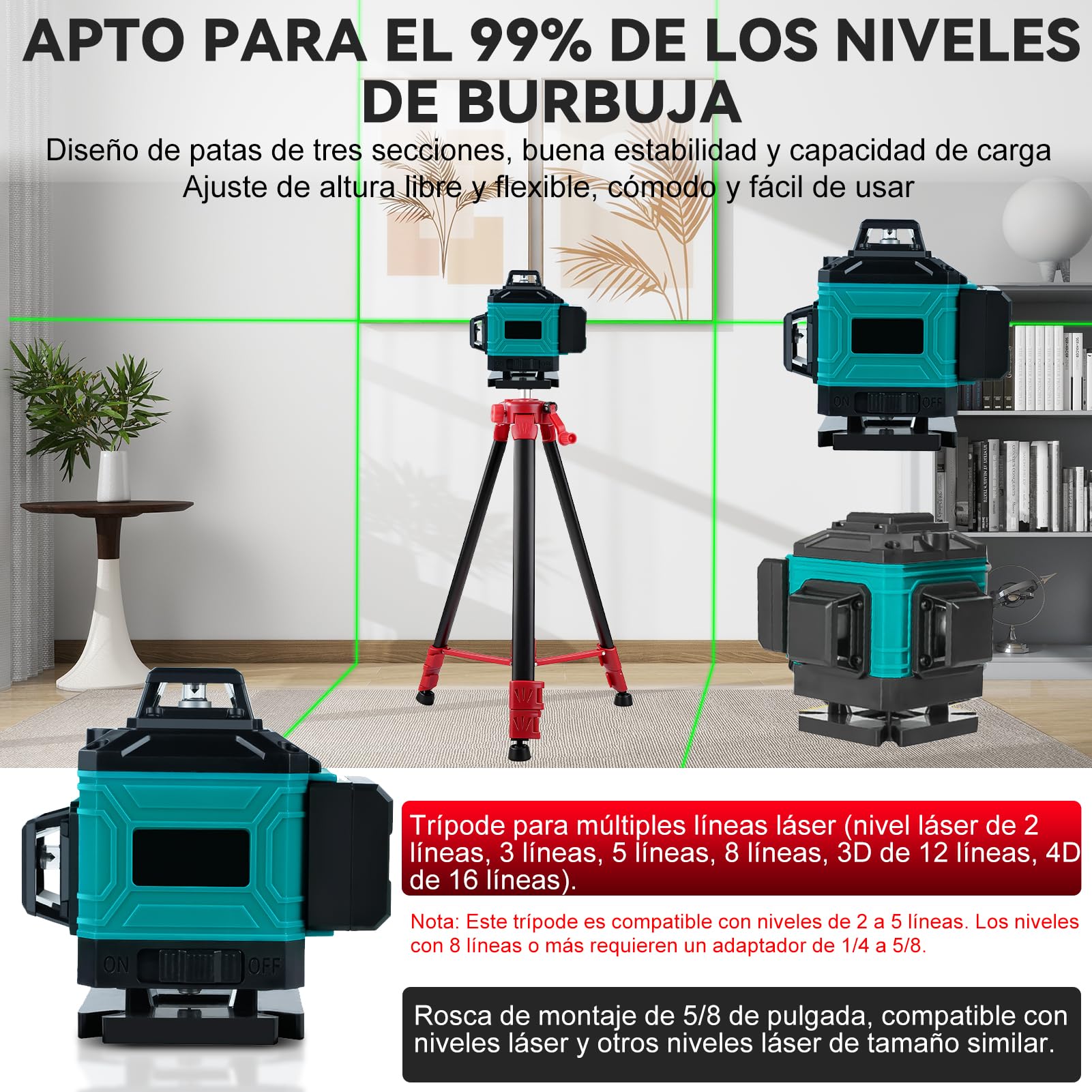 Trípode para Nivel Laser Portátil, trípode telescópico ajustable de 1,5 m, Roscas de 5/8 a 1/4 de Pulgada para Medidores Láser