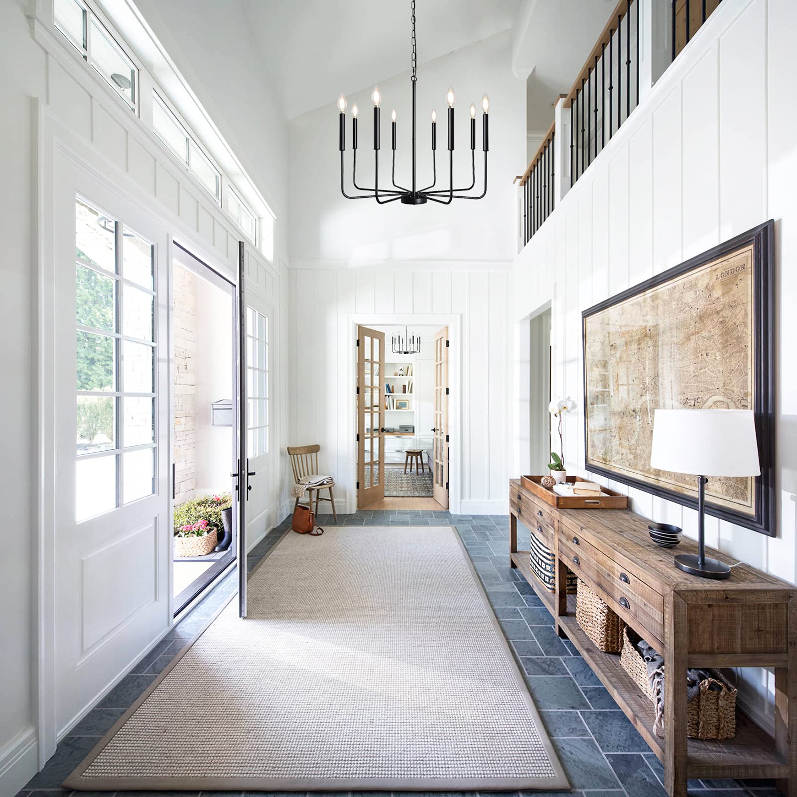 Farmhouse Chandelier 8 Light Rustic Industrial Candle Ceiling Light Fixture for Dining Room Living Room Kitchen Island Foyer Bedroom Pendant Lighting, Black