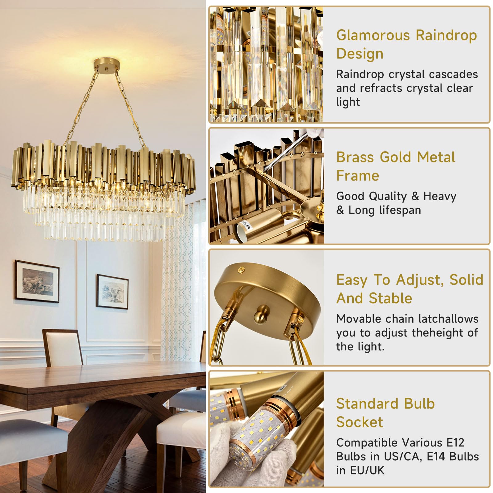 Lampadario moderno in cristallo oro, illuminazione a sospensione ovale in cristallo per soggiorno, sala da pranzo, camera da letto, ristorante, E14 x 8, 80 x 35cm