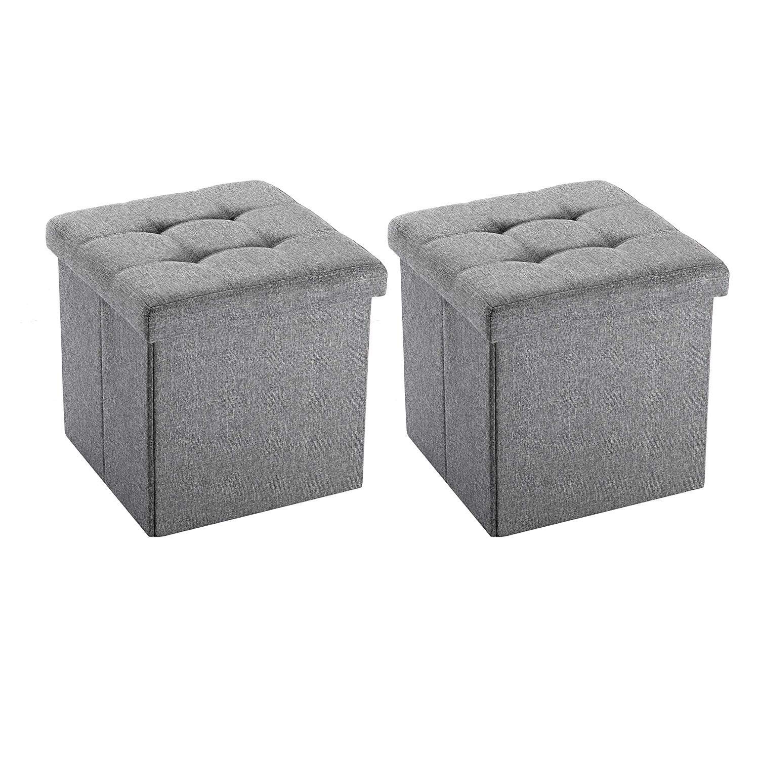 Folding Cube Storage Ottoman with Padded Seat Linen Fabric Footrest Memory Foam 15” x 15” x 15”-2 Packs（Light Grey）