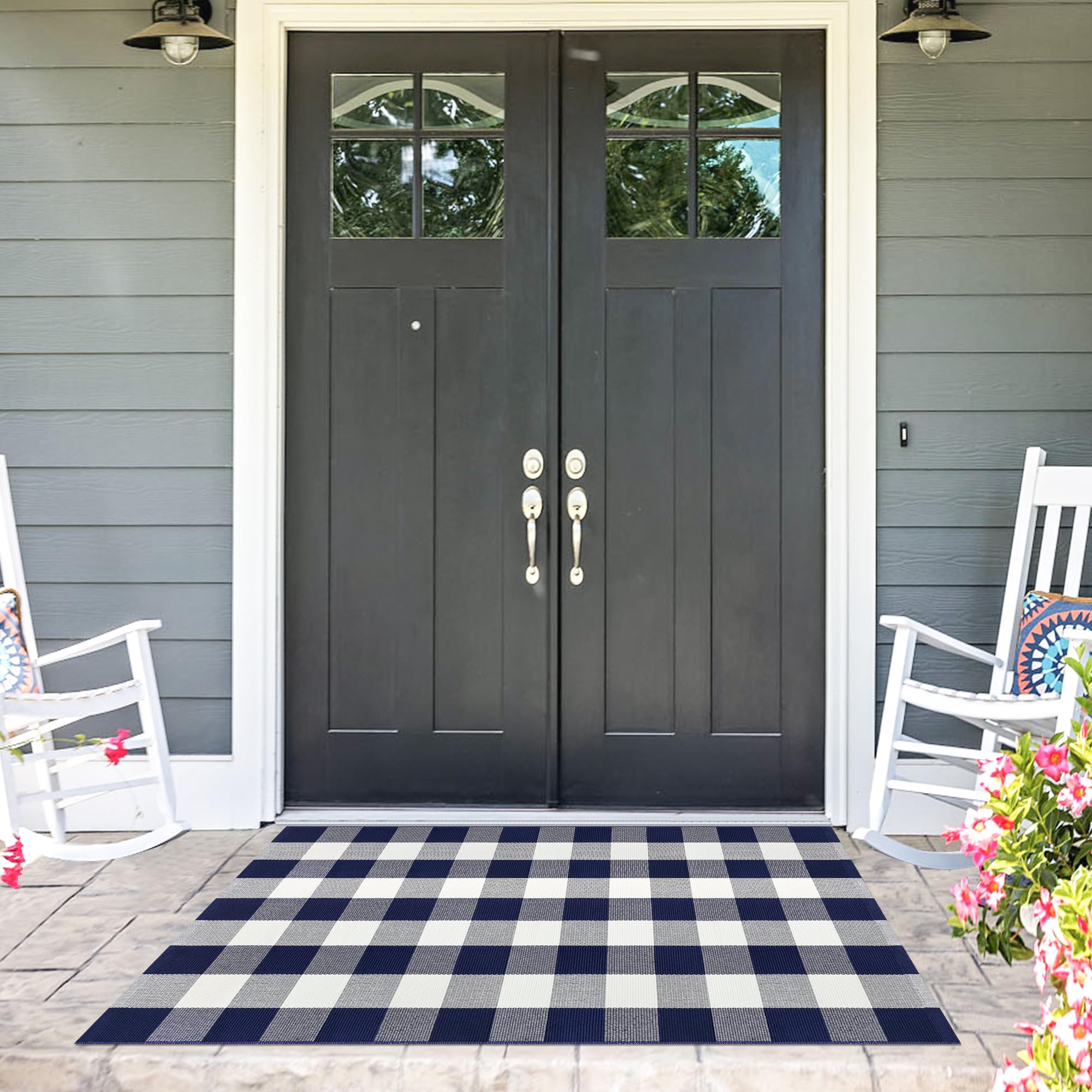 Tapis lavable à carreaux bleu et blanc pour régler le problème d'entrée