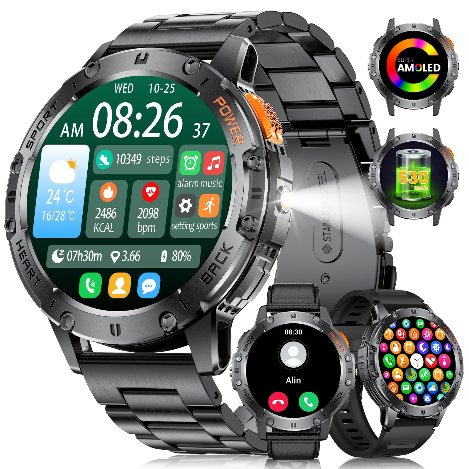 LIGE Smartwatch voor heren, militair met 530 mAh accu, 1,43 inch AMOLED sporthorloge met telefoonfunctie (3 banden), hartslag, SpO2, slaapmonitor, IP68 waterdicht, 120 sportmodi, fitnesshorloge voor