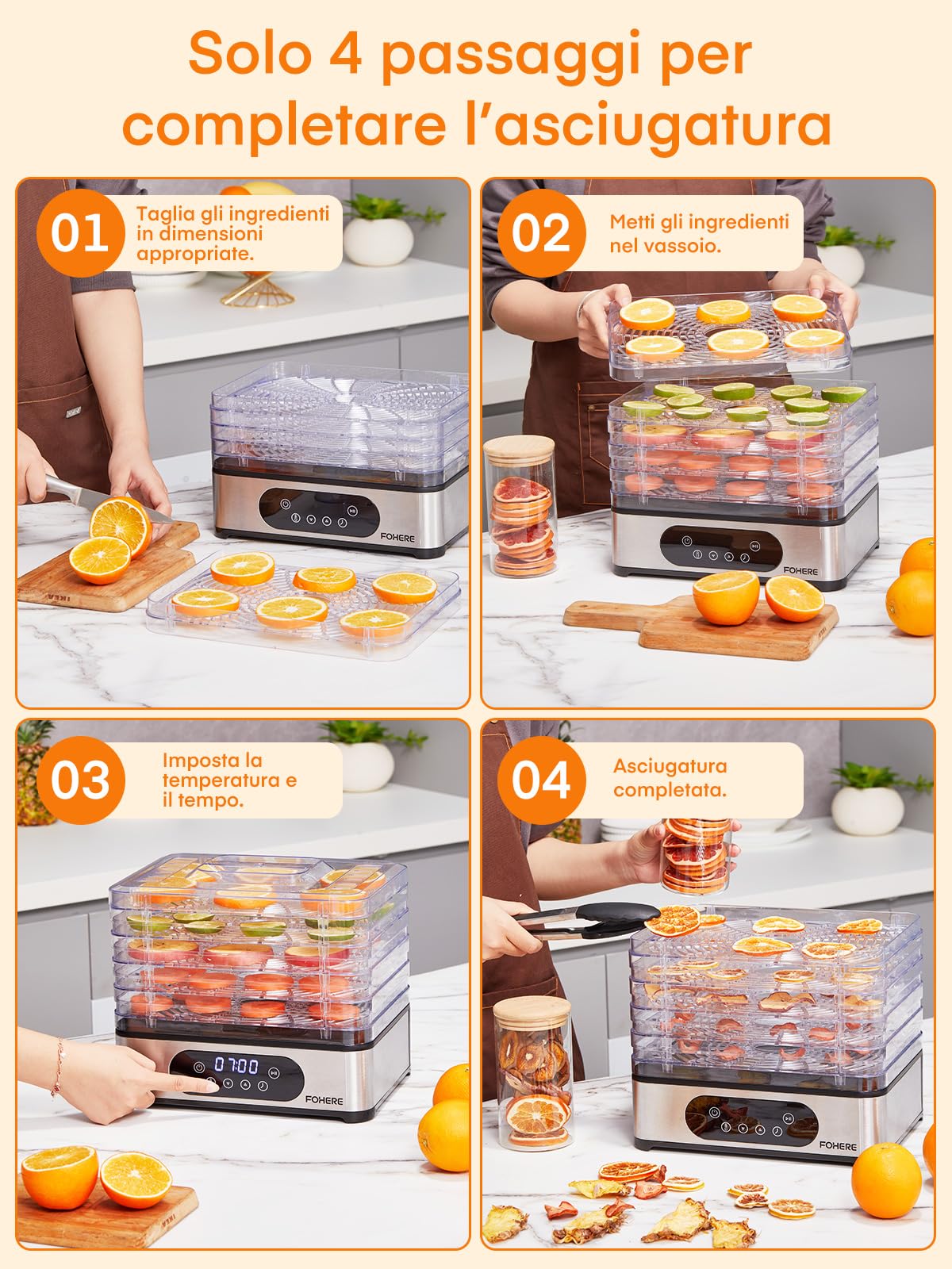 FOHERE Essiccatore Alimentare, 420 W, Essiccatori per Alimenti con 5 livelli, Temperatura 35°C/70°C, impostazione manuale di tempo e temperatura, Essiccatore per Frutta, Verdura, Carne, Senza BPA.