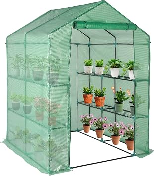 Walk In Compact Greenhouse, PE Plant Green House with 6 Tiers 8 Shelves, Zipper Rolling Door, Portable Outdoor Plant House for Garden Growing, 143 x 143 x 195cm