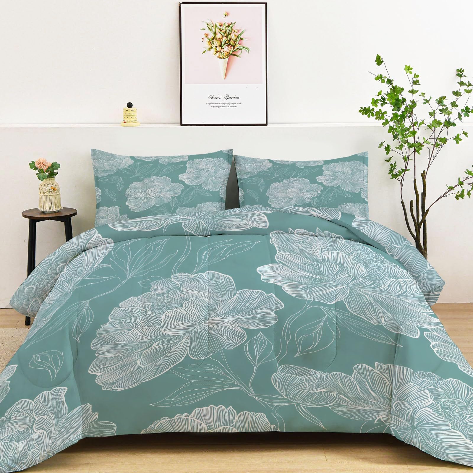 Couette 4 Saisons 220 x 240 cm Imprimée Fleurs Vert Sauge pour 2 Personnes