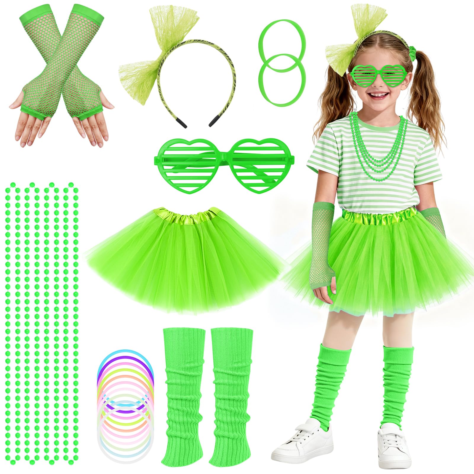 BSBUY 80s Fancy Dress Costume for Kids 21 Pcs 1980s Neon Costume Fancy Dress Outfit Dress Up with Tutu Skirt Fishnet Gloves Leg Warmers Glasses Bracelets Necklaces Headband Anklets Wristbands(Green)