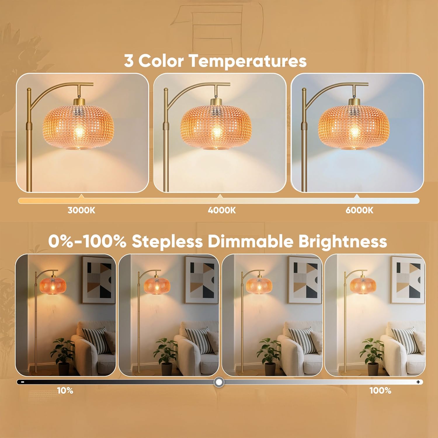 Glass Floor Lamp for Living Room with Amber Glass Lampshade, Dimmable Modern Floor Light with 12W LED Bulb, Remote Control Tall Standing Lamp for Bedroom