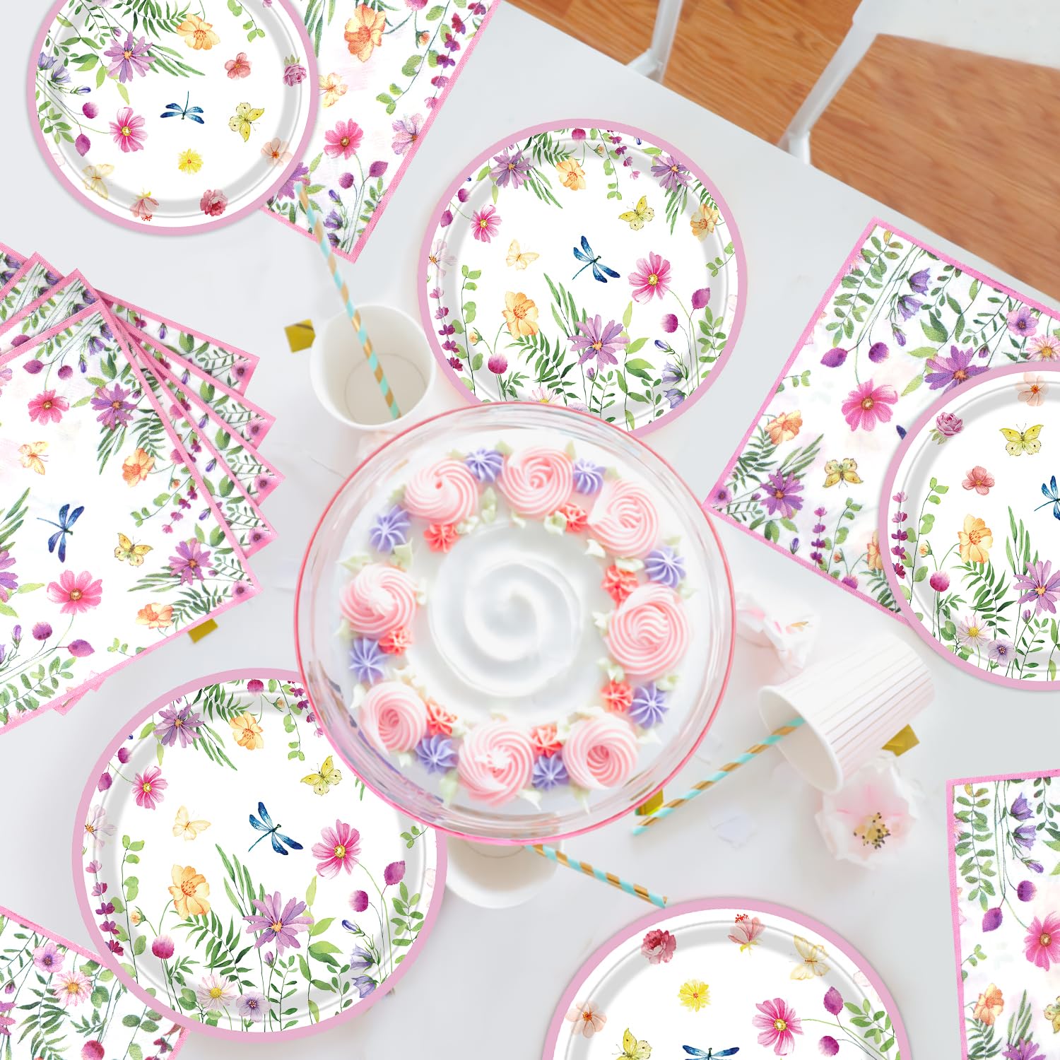 Blissful Blooms Floral Garden Party Table Cover - Disposable Paper, 54 X 102 Inches, Pink & White Hydrangea