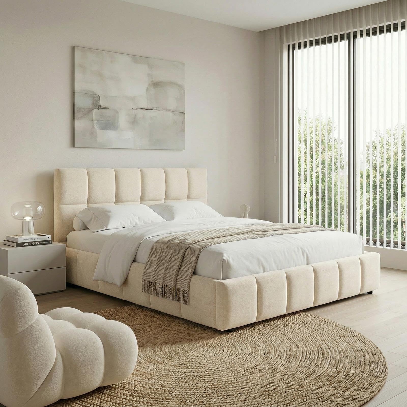 IDIMEX Lit Double Emilia, Rembourré 140 x 190 cm, Blanc Crème, avec Sommier à Lattes Inclus, Design Bubble, Tête de Lit Capitonnée, Confort Optimal, Style Contemporain pour Chambre Adulte