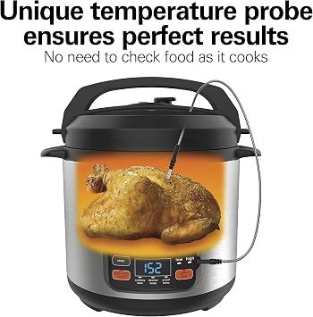 Hamilton Beach 6-in-1 Electric Pressure Cooker with Temperature Probe, Slow Cooks, Sautes, Browns, Steams, Rice Function, Egg and More, 6 Quart Capacity, Stainless Steel (34506)