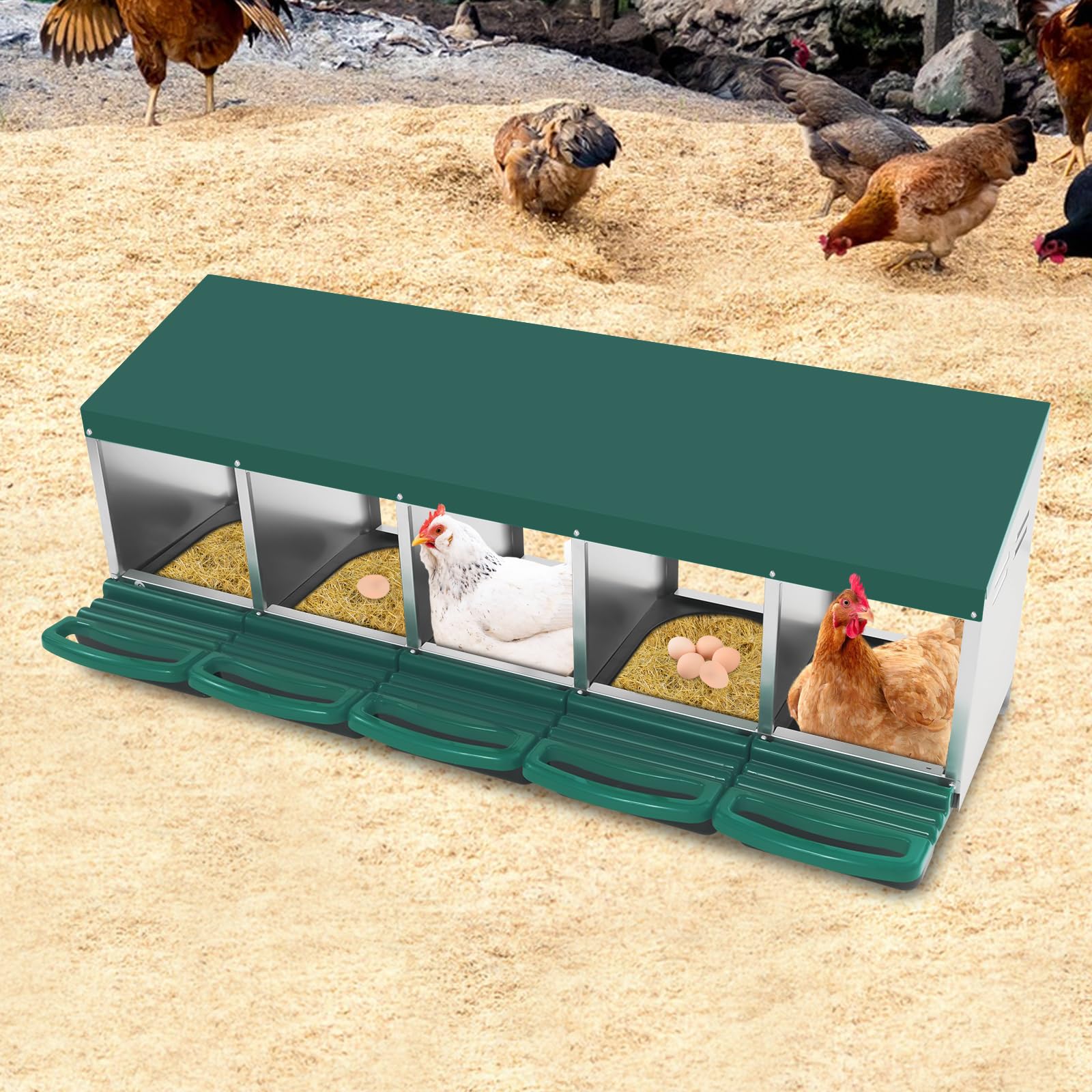 Nido para pollos, 5 compartimentos, nido de pollo de acero galvanizado y plástico, con pie en el suelo o en la pared, con toldo para gallinero y aves de corral