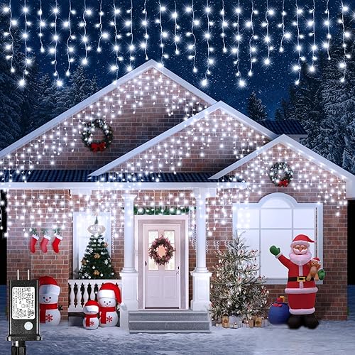 Luces de carámbano para exteriores, 33 pies, 400 luces LED de Navidad para exteriores con 8 modos, 75 gotas, tira de luces impermeables para