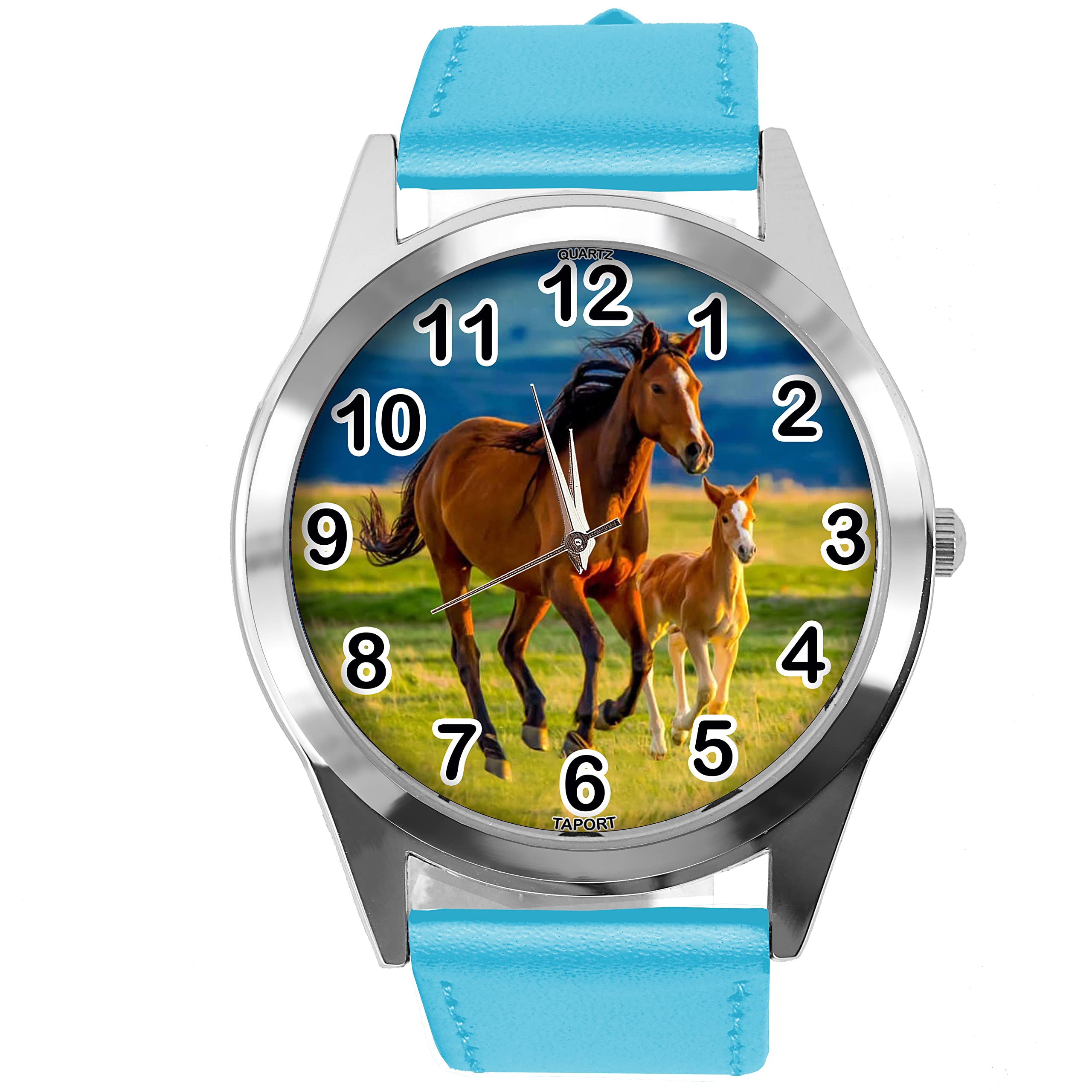 Orologio rotondo in pelle nera per appassionati di cavalli E4