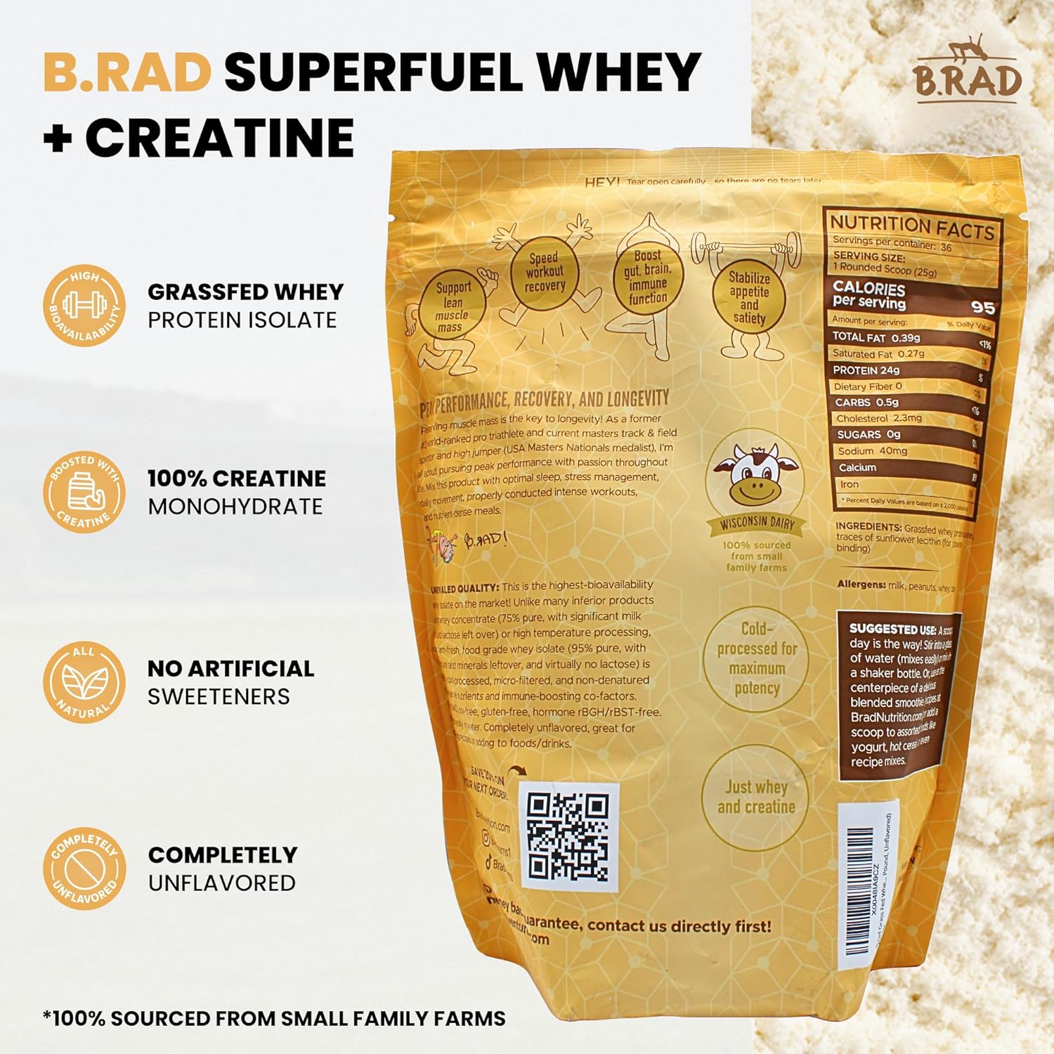 B.rad Superfuel - Grass Fed Whey Protein Isolate Boosted with Creatine | Farm-Fresh, Easy-to-Digest, Clean Ingredients | 2 Pounds | 100% USA Sourced | Unflavored