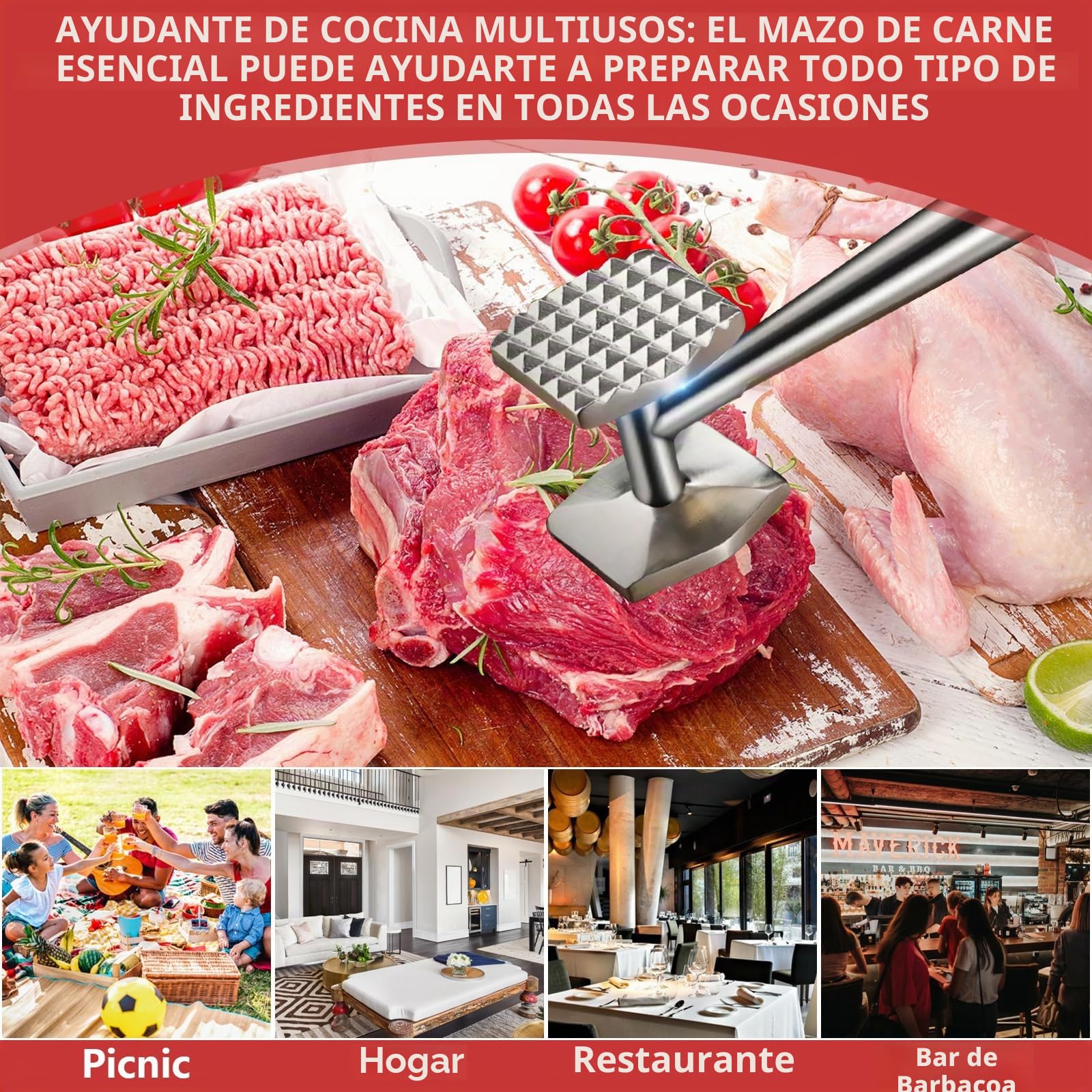 AKOLAFE Martillo Carne de Acero Inoxidable 304, Ablandador de Carne Doble Cara con Lado Liso y Texturizado, Mango Hueco 26 x 5 x 6,3 cm para Bistec, Pollo y Ternera