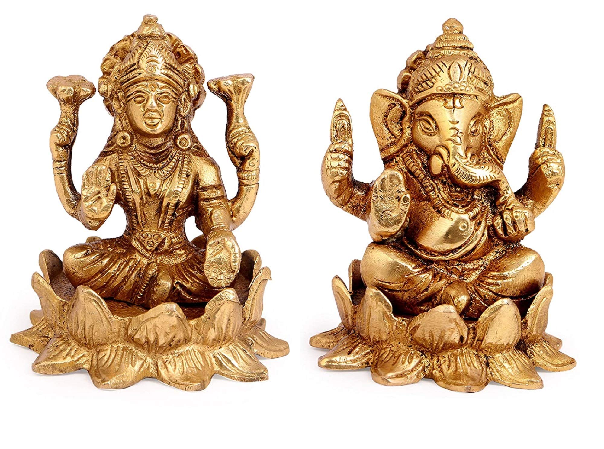 KRISHA KRAFTS Brass Goddess Lakshmi / Laxmi & Lord Ganesha Idol on Lotus Flower | God Statue Gift Item