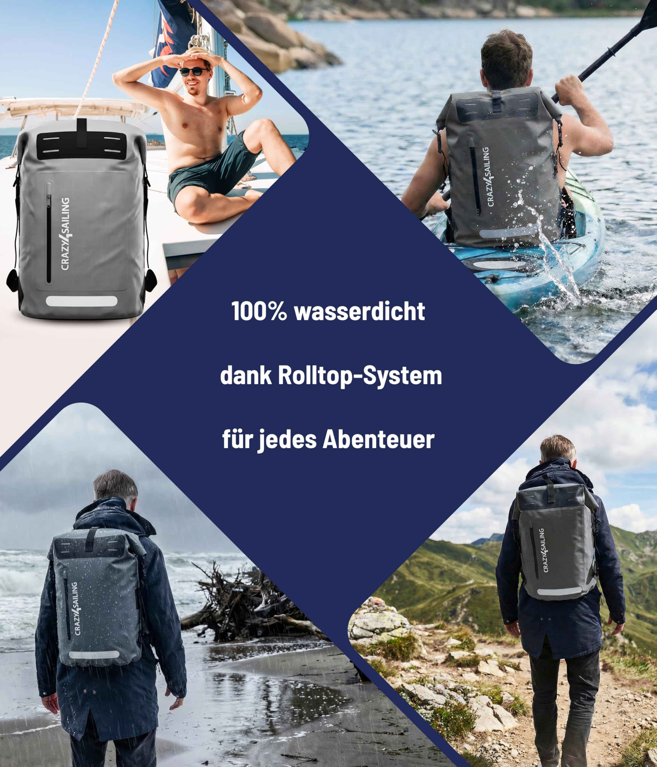 crazy4sailing® Wasserdichter Rucksack 55L (Dunkelgrau) - Robuster Rolltop Dry Bag mit 100% Wasserdichten Nähten, ideal für Segler & Outdoor-Abenteurer – Hiking Backpack, Kajak & Camping