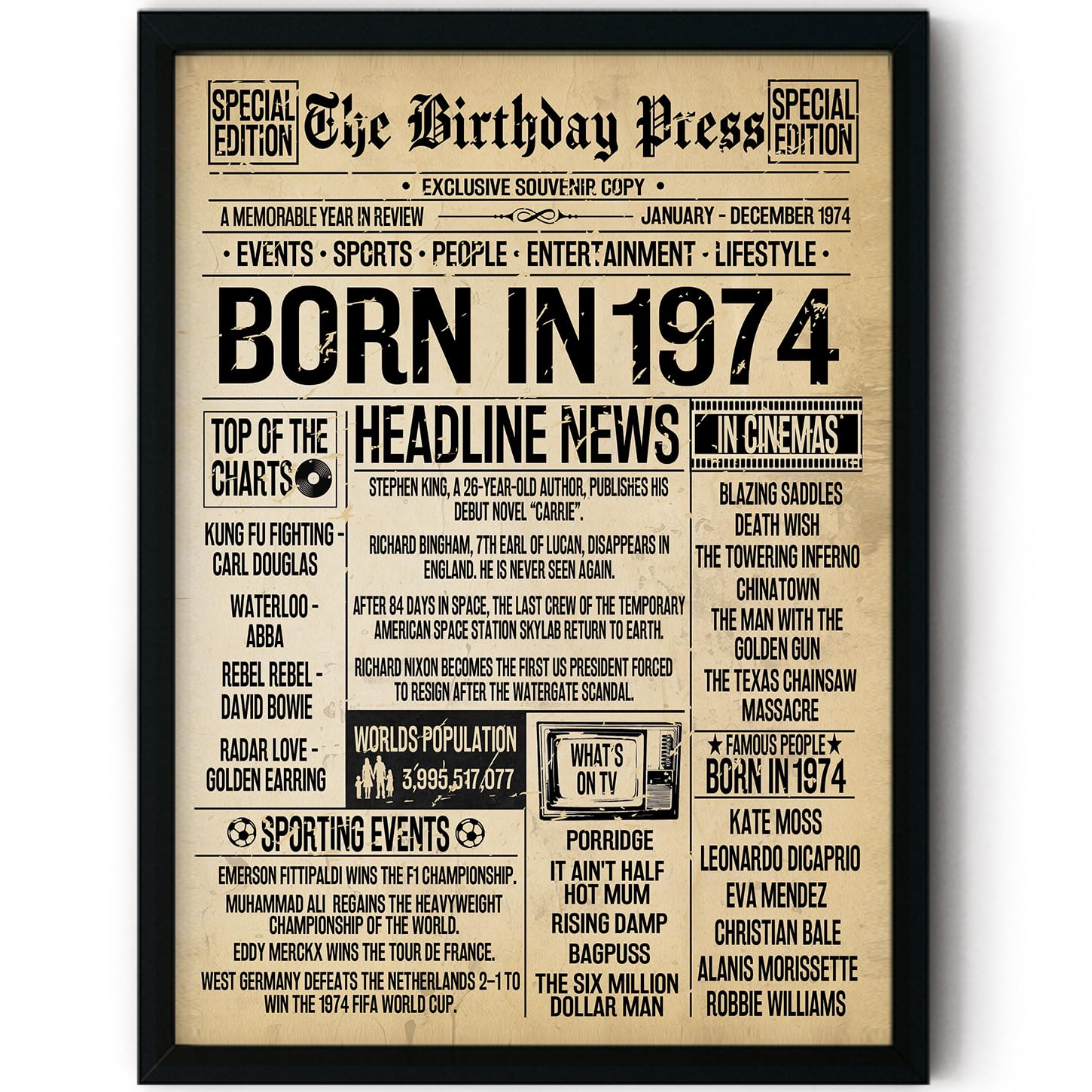 Stuff4 Women's 1974 52Nd Birthday Poster Framed - Born In Vintage Newspaper - Happy 52Nd Birthday Gifts For Men Retro Back In 8X10 Inch Decor Decoration Bday Party
