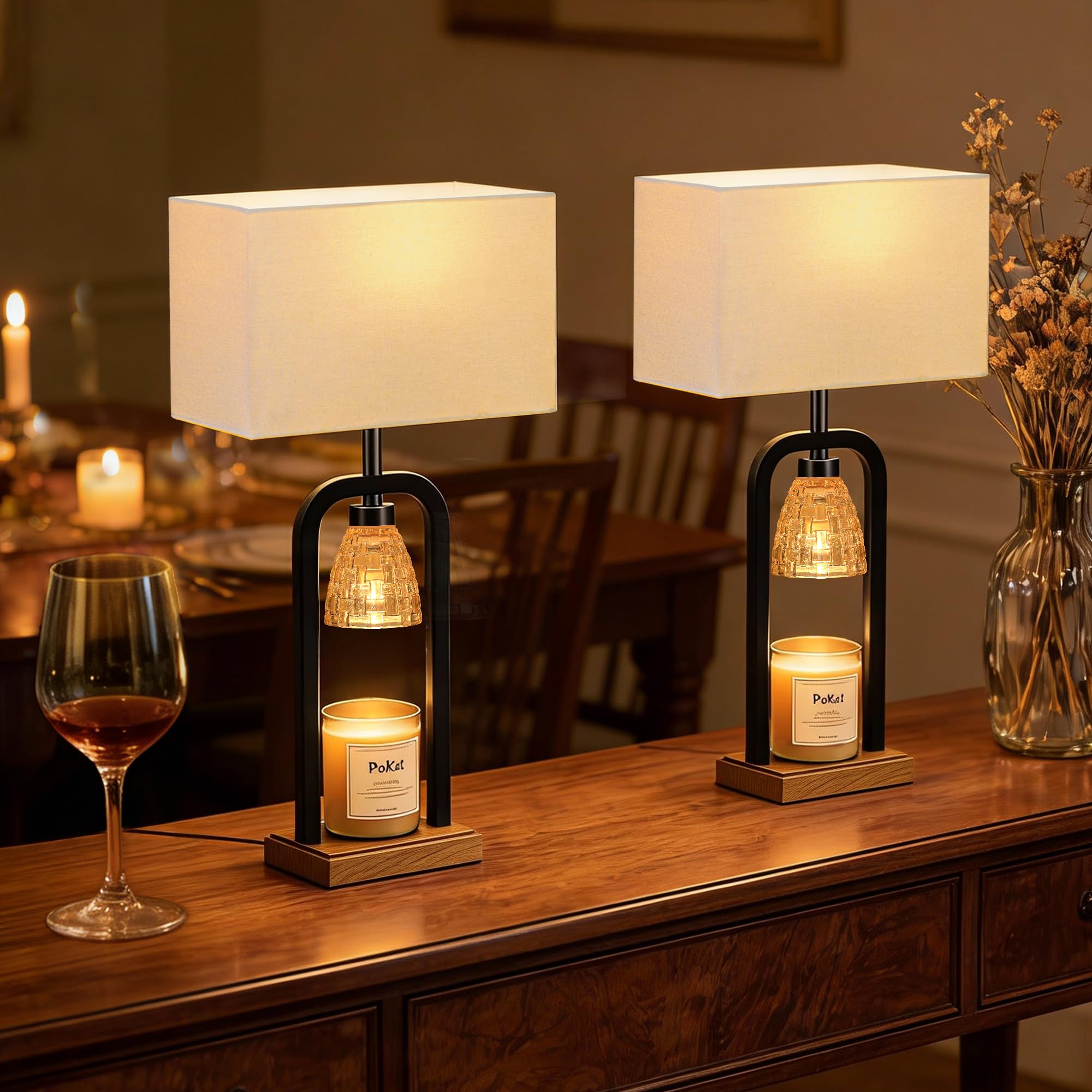 Photo 1 of PoKat 21.5'' Lamp Candle Warmers Set of 2 Black, Farmhouse Candle Warming Lamps with Timer Dimmer & Wood-Like Base, Warmer Lamp Jar Candles, Table Lamps for Bedroom End Table Decor, Bulb Included