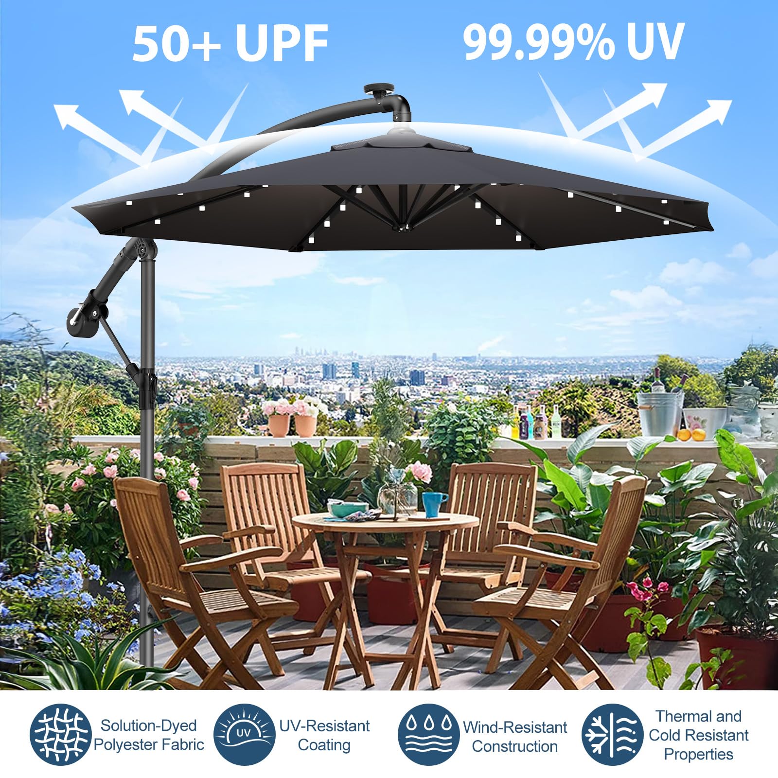 Ampelschirm 300-350cm – 360° drehbarer Kurbelschirm mit UV40+ & wasserabweisend, wahlweise mit oder ohne Solar-LED, inklusive Kreuzbasis für Garten & Terrasse