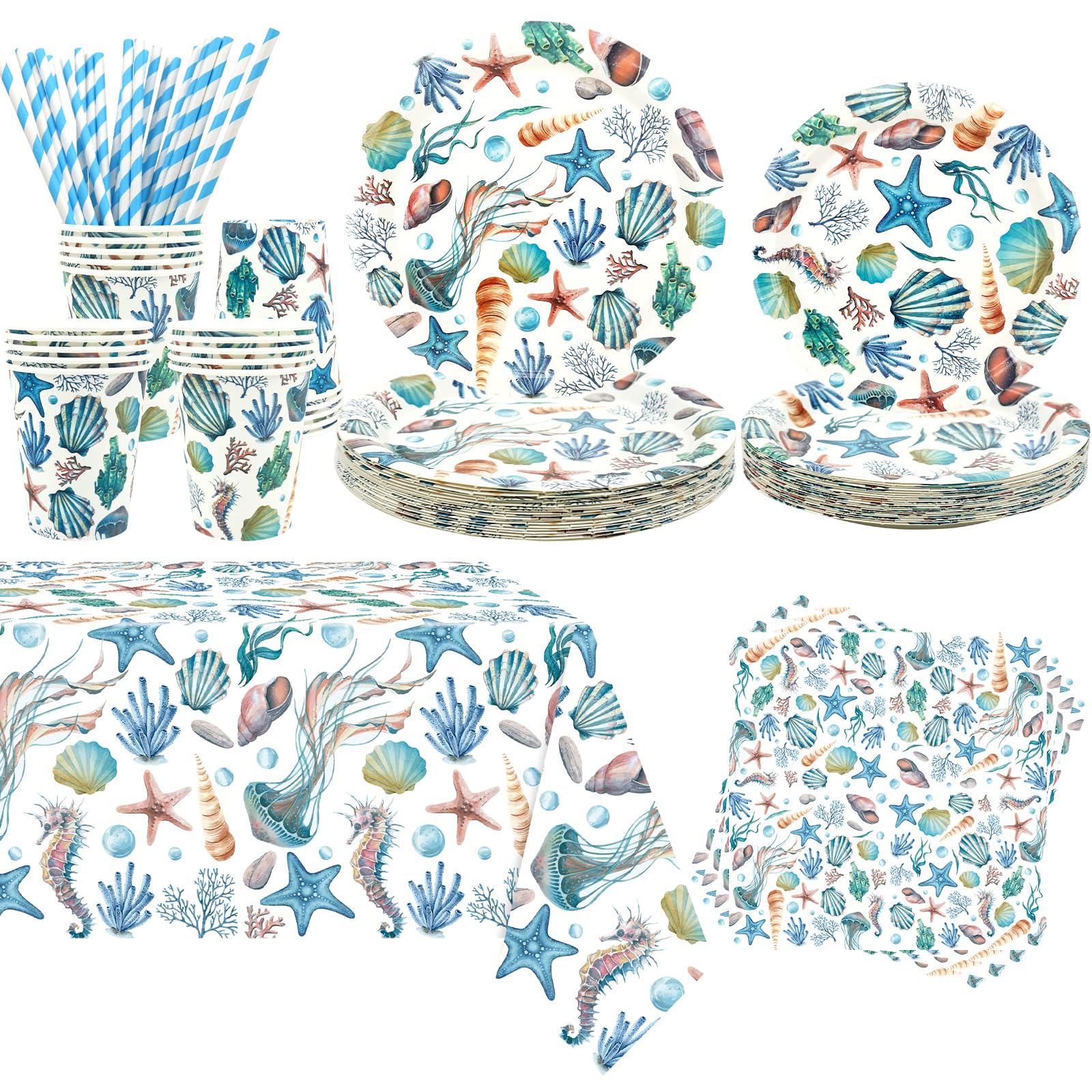 Obussgar Shells Party Decoration - Shells Birthday Party Tableware Supplies Includes Plates, Cups, Napkins, Tablecloth, Straws - Serves 20
