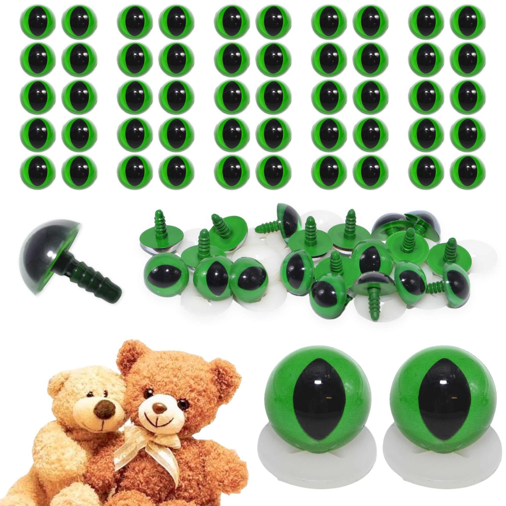 celloexpress 18mm Green Cats Eyes with Plastic Backs - Safety Eyes for Soft Toy Teddy Bear Animal Making (Pack of 50 Pairs)