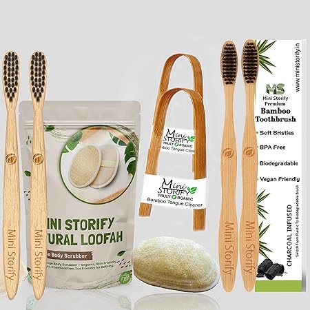 Mini Storify Truly Organic 2 Kids, 2 Adults Bamboo Toothbrush, 2 Tongue Cleaner & 2 Oval Loofah Body Scrubber Combo Pack - Activated Charcoal, Natural, Oral Cleaning, Eco-Friendly, Bathing (Set of 8)