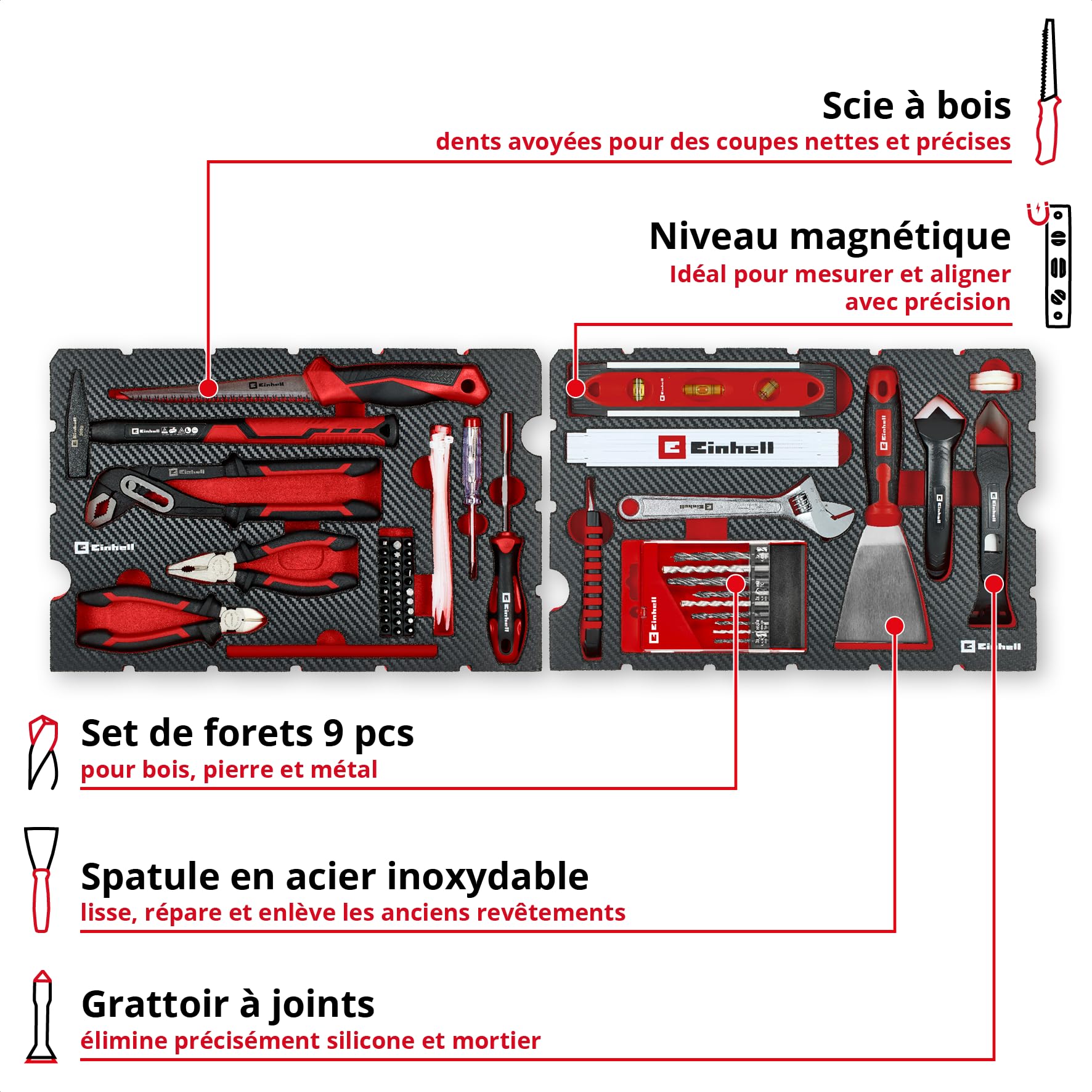 Original Einhell E-Case coffret à outils 78 pièces rénovation (rénovations, set de forets, set d’embouts, outil à joints, pinces, spatule, scie à bois, clé à molette, niveau à bulle, coffret système)