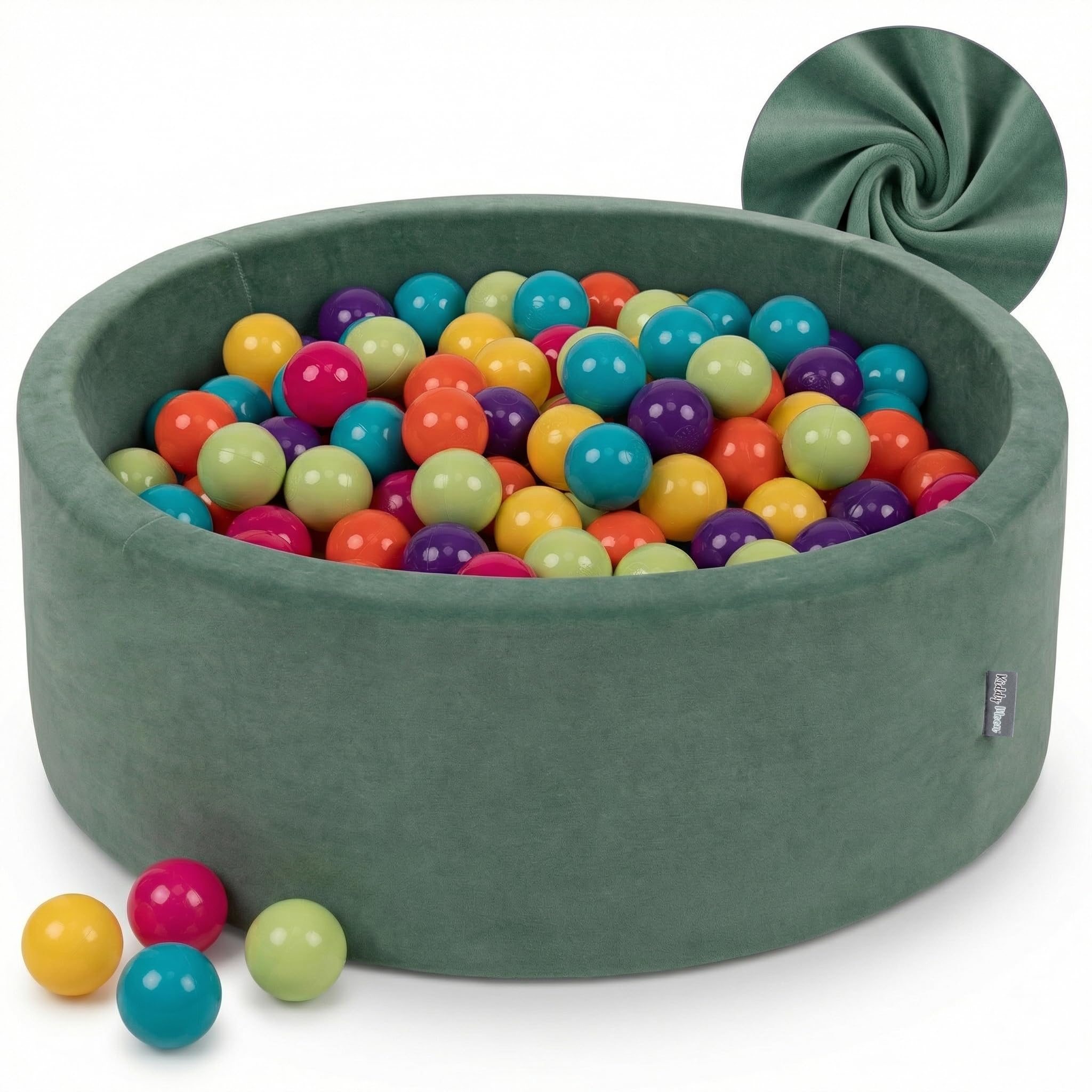 KiddyMoon Soft Ball Pit Round 90X30cm/300 Balls ∅ 7Cm / 2.75In For Kids, Foam Velvet Ball Pool Baby Playballs, Made In The EU, Forest Green:Light Green/Yellow/Turquoise/Orange/Dark Pink/Purple — image 1