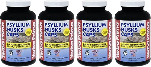 Yerba Prima Cápsulas de cáscara de psyllium 180 cápsulas (paquete de 4) Suplemento de fibra natural Sin gluten sin OMG