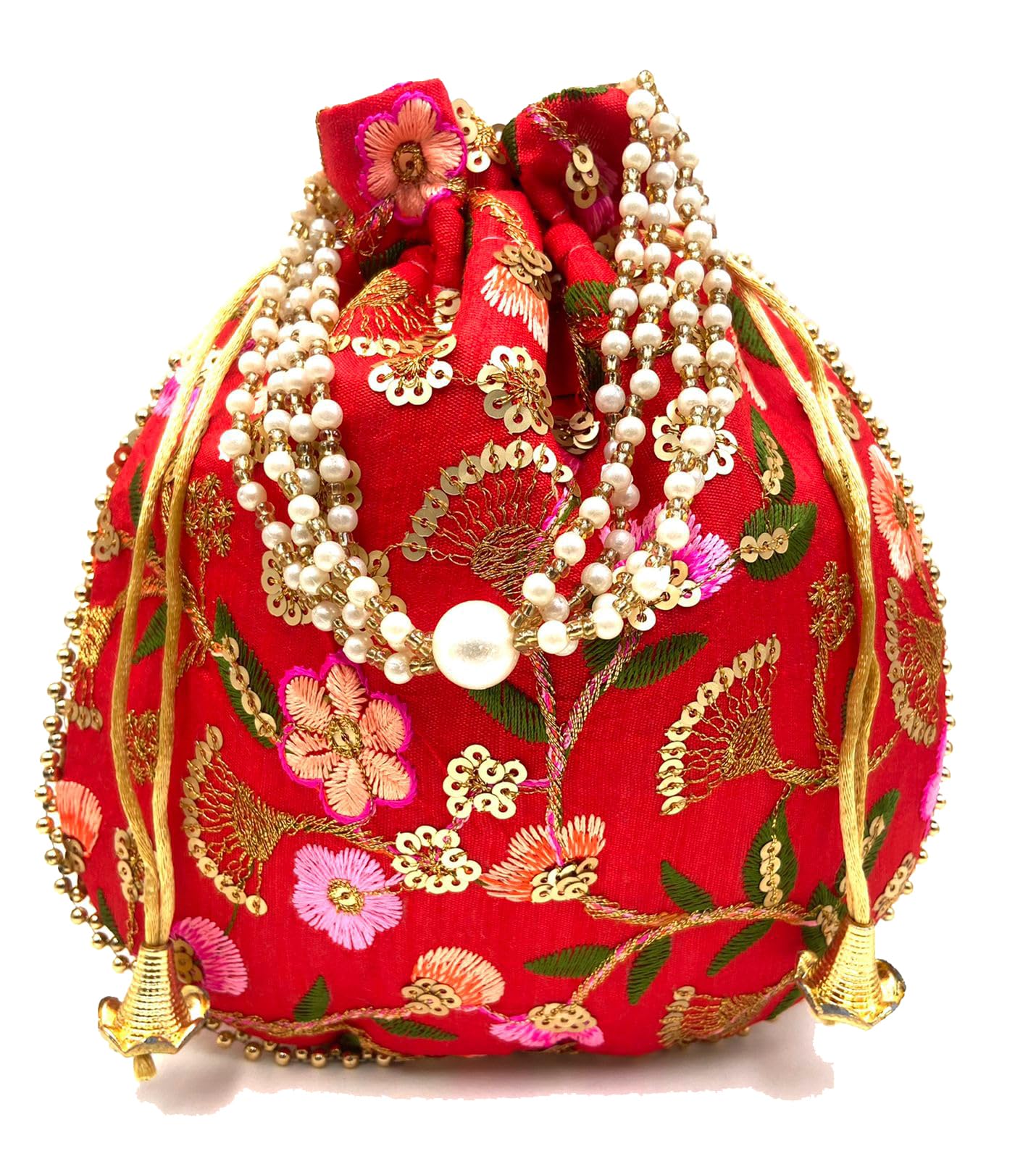 BYRA Floral Thread Embroidered Sequence Potli Bag with Pearl Handle (Red) (B0CZHZ783W) Amazon Price History, Amazon Price Tracker