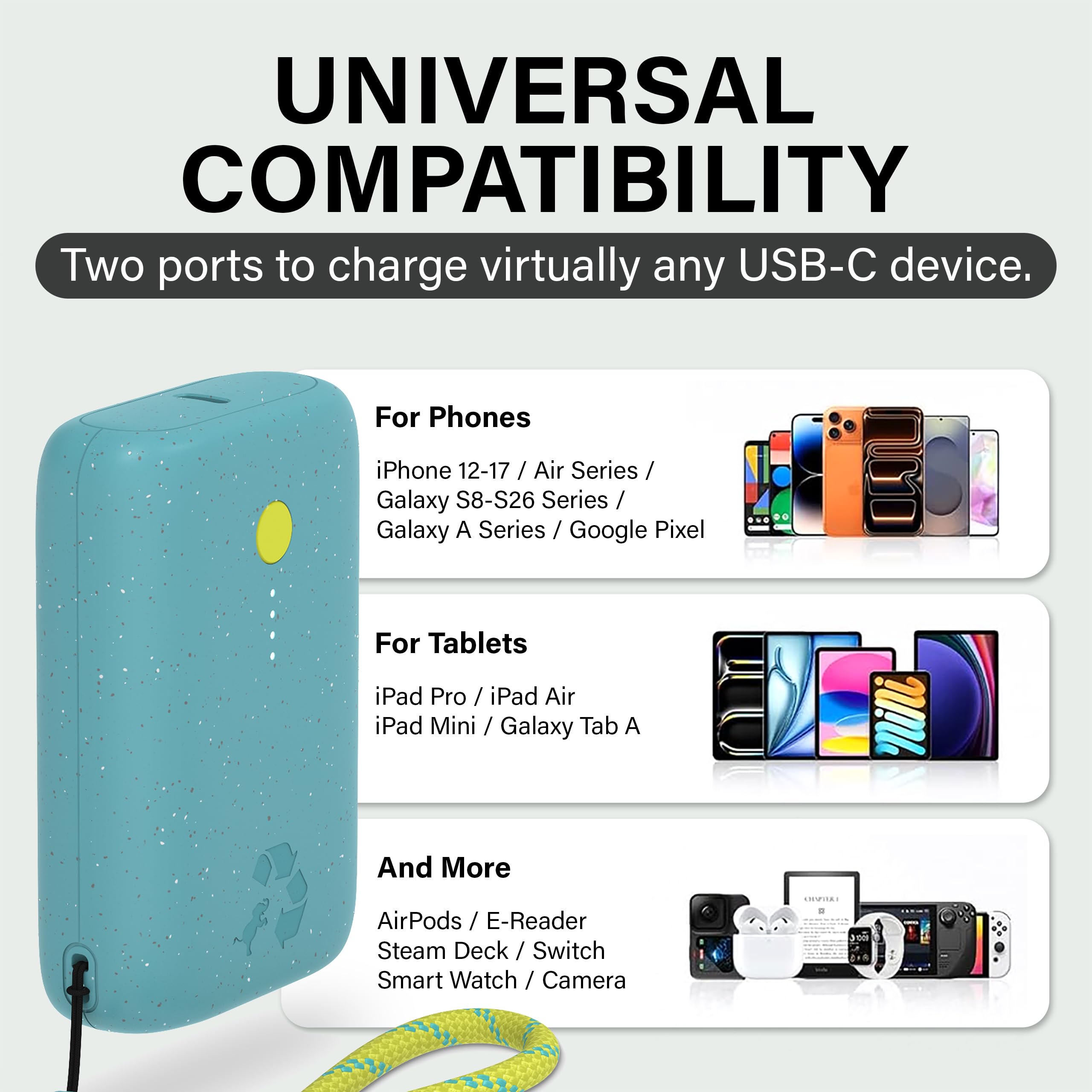 Nimble Champ Caricabatterie portatile, 10.000 mAh, ricarica rapida, 20 W doppia batteria USB-C con cavo, batteria essenziale da viaggio per iPhone, laptop, tablet, pixel, iPad, MacBook, Kindle Airpod