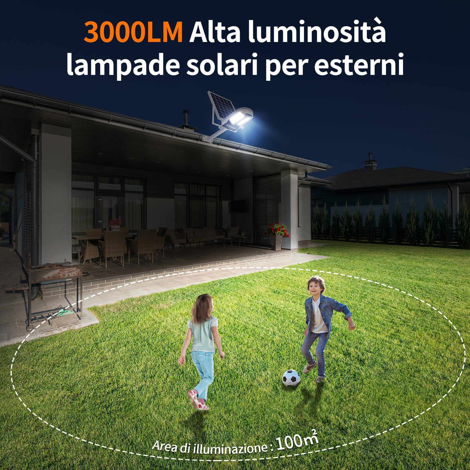 INTELAMP Lampione Solare LED Esterno, 12500mAh Faro Con Pannello Solare da Esterno, IP65 Impermeabile Faretto LED con Sensore di Movimento, 3000LM/6500K Luci da Esterno per Giardino, Terrazza, Garage