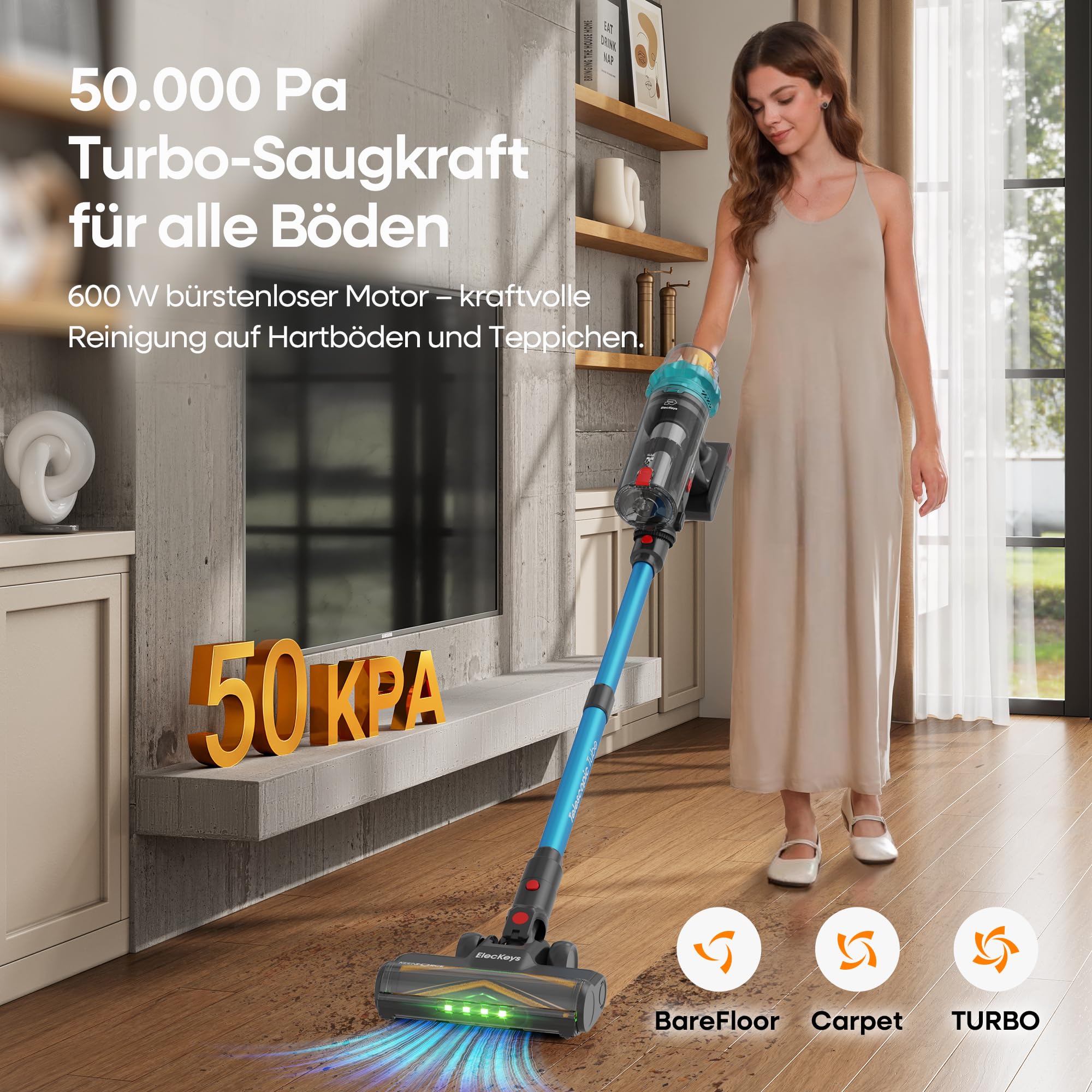 ElecKeys Akku Staubsauger 50000Pa/600W/70Min, Staubsauger Kabellos mit LED Display, 1,8L Akkustaubsauger mit Anti-Tangle-Bürste, Selbststehend für Tierhaare Teppiche Hartböden Auto, Blau, K10