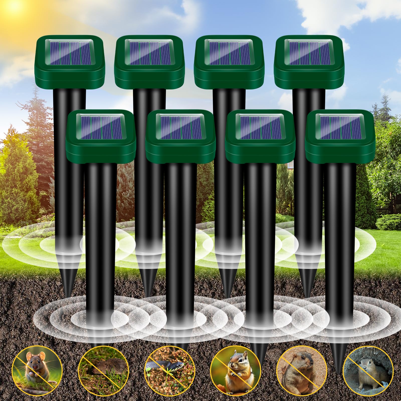 Photo 1 of 2026 Upgraded Solar Mole Repellent Ultrasonic Outdoor, 8 Pack Sonic Gopher & Vole Deterrent Stakes, IP66 Waterproof Snake Rabbit Groundhog Repeller to Protect Yard, Lawn, Garden