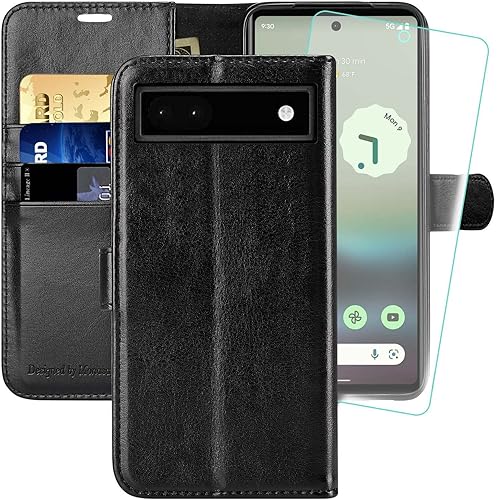 MONASAY Funda tipo cartera compatible con Google Pixel 6a, bloqueo RFID, protector de pantalla incluido, funda de piel con tarjetero y tarjetero de